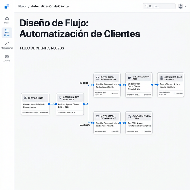 Flujo de automatización empresarial conectando entrada de datos, procesamiento y notificaciones
