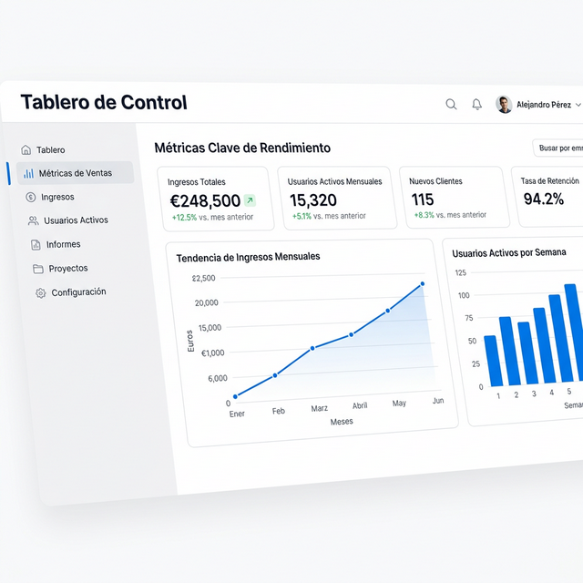 Dashboard de métricas de negocio mostrando KPIs de ventas, operaciones y finanzas en tiempo real