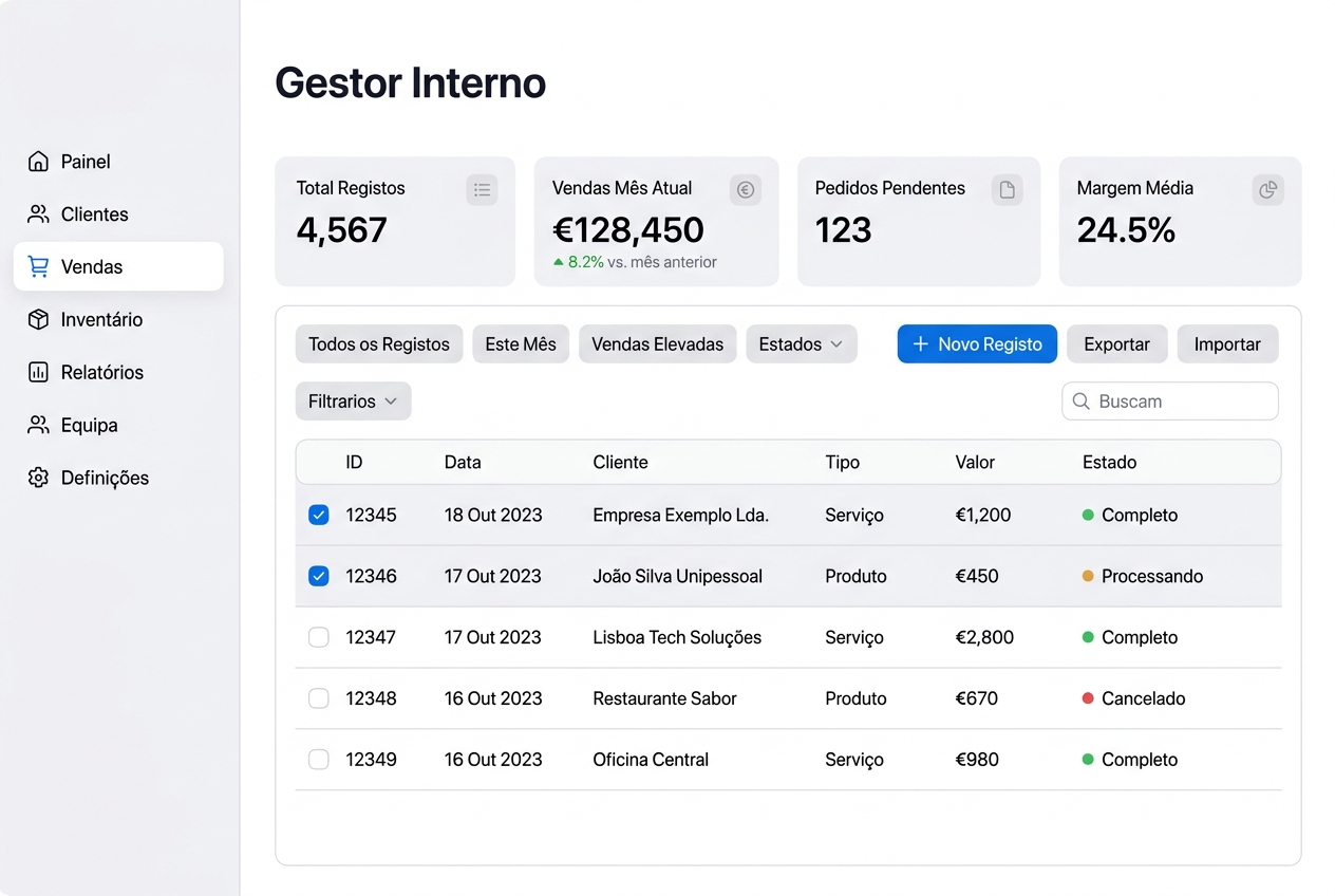 Gestor interno a medida con tabla de registros, métricas y filtros